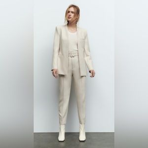 ZARA Pants with Fabric-Covered Belt in color Ecru. NWT